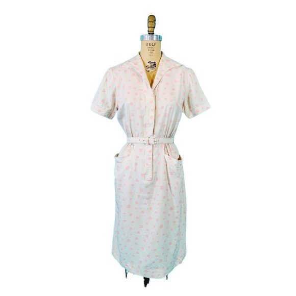 Vintage 1940s Silk Dress Champagne Pink Circle Print Shirtdress | W 25" - Picture 3 of 10
